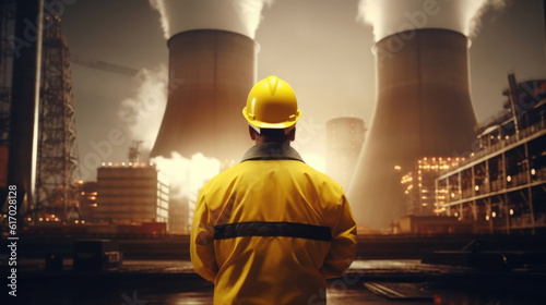  Industrial worker standing in front of nuclear power plant. Generative AI. 
