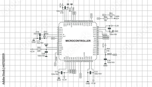 Connection of microcontroller lines to electronic components (capacitors, resistors, quartz resonator). Vector diagram of electrical schematic of electronic device. Processor chip on grid background.