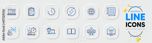 Cyber attack, Voice wave and Time line icons for web app. Pack of Timer, Globe, Renewable power pictogram icons. Sharing economy, Checklist, Book signs. Square area, Sound check, Work home. Vector