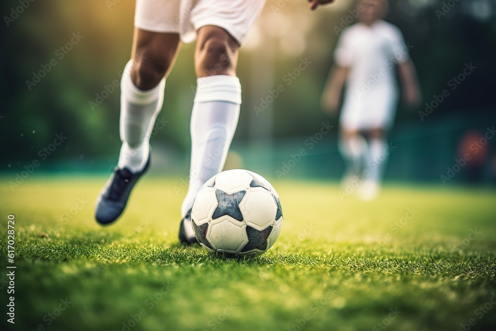 A soccer player is playing soccer, close - up white socks, kicking the soccer ball towards the goal, white uniform, realistic details, bright clean background,Generative AI