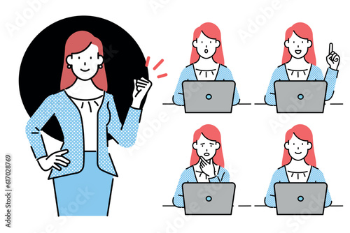  Set of businesswomen sitting facing forward in various poses.