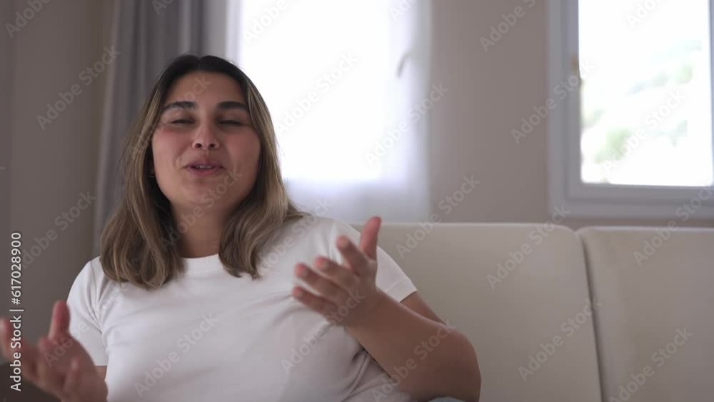 Happy horny attractive caucasian young plus size woman having talk smile home woman cheerful female indoors interior people beautiful enjoyment Slow Motion Shot. High quality FullHD footage Happy horny attractive caucasian young plus size woman having talk smile home woman cheerful female indoors interior people beautiful enjoyment Slow Motion Shot. High quality FullHD footage
