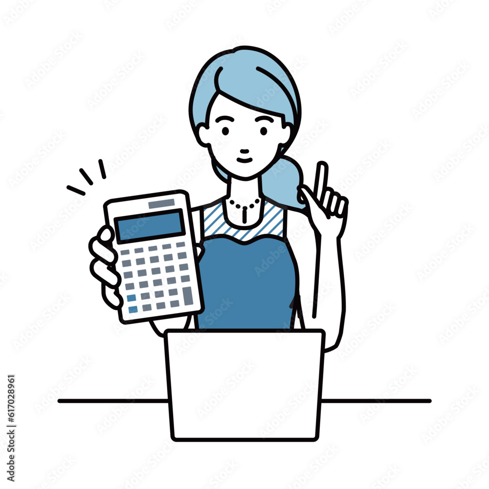 a woman in dress recommending, proposing, showing estimates and pointing a calculator with a smile in front of laptop pc