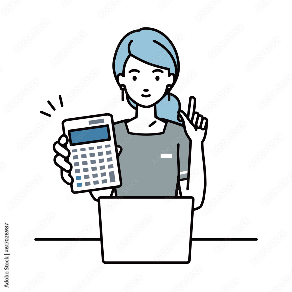an esthetician, receptionist woman recommending, proposing, showing estimates and pointing a calculator with a smile in front of laptop pc