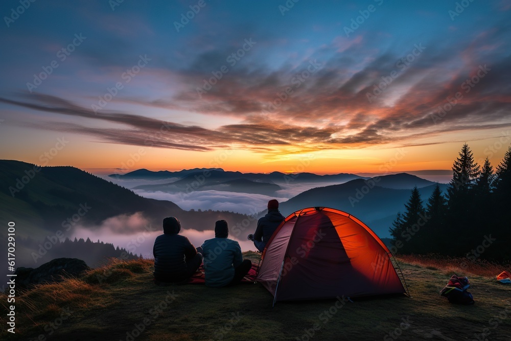 group of friends camping at campsite with tent watching sunrise in mountains,Generative AI