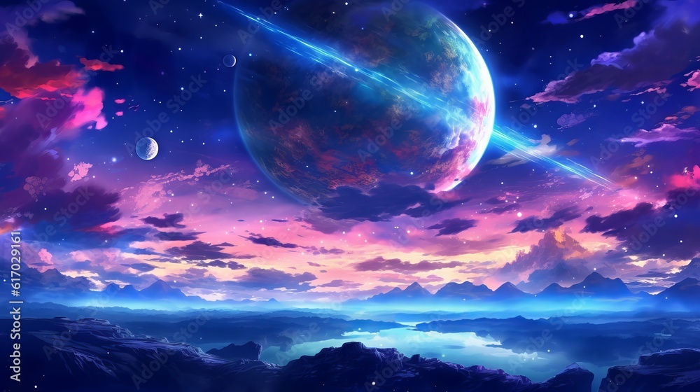 Anime sky art wallpaper: Fantasy sky with beautiful star falls and dazzling flares - starry night digital art - planet in space, Generative AI