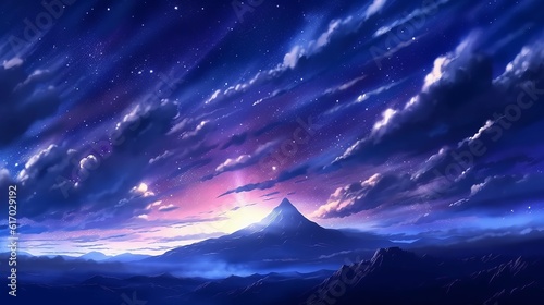 Anime sky art wallpaper background. Fantasy sky with beautiful star falls, Star falls with beautiful flares, Starry night, Beautiful starry night with sky view, Digital art style, starry night sky