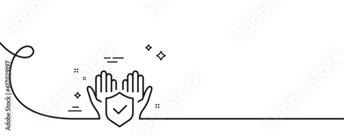 Insurance hands line icon. Continuous one line with curl. Risk coverage sign. Policyholder protection symbol. Insurance hand single outline ribbon. Loop curve pattern. Vector