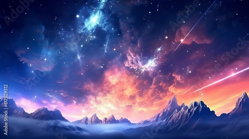 Anime sky art wallpaper background. Fantasy sky with beautiful star falls, Star falls with beautiful flares, Starry night, Beautiful starry night with sky view, Digital art style, Generative AI