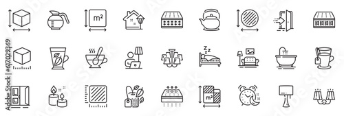 Icons pack as Bath, Table lamp and Mint leaves line icons for app include Breathable mattress, Circle area, Mattress outline thin icon web set. Furniture, Entrance, Square meter pictogram. Vector