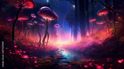Enchanting bioluminescence: vibrant plants, glowing crystals, and magical fireflies in a mystical forest, background with glowing lights, Generative AI © Ameer