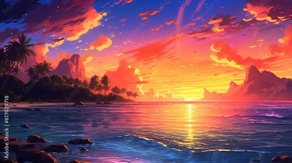 Colorful sunset over ocean on Maldives anime-style -sunset over the sea, wallpaper, Generative AI