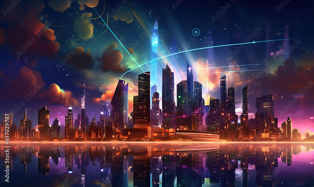 Nighttime View of Futuristic City. Created using generative AI tools