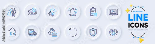 Photo thumbnail, Reminder and Wallet line icons for web app. Pack of Burger, Recovery data, Accounting checklist pictogram icons. Electricity bulb, Truck transport, Car leasing signs. Vector