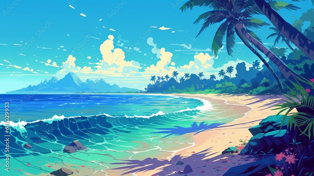 Surreal anime art: Dive into the tranquility of a deserted tropical beach - tropical island in the ocean, wallpaper, Generative AI