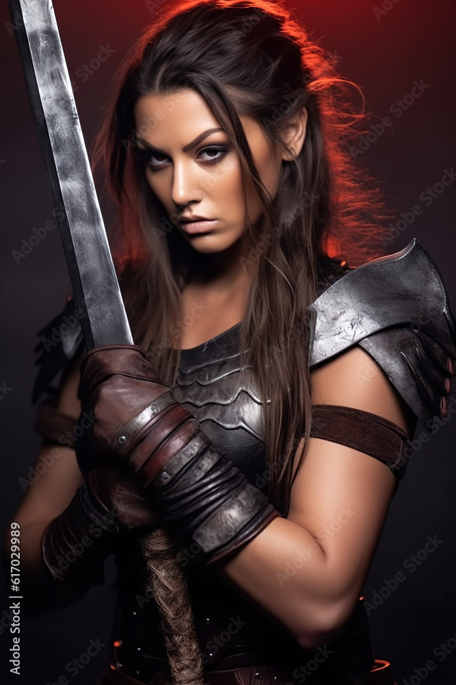 Athletic brunette fantasy warrior woman with a sword in her hand. Studio background for fantasy wallpaper or ebook coverdesign.