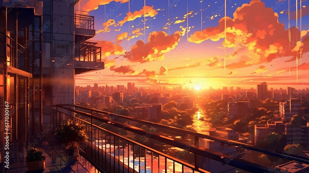 Sunset in the city, evening sunset view in anime wallpaper background, Peaceful sunset view, Romantic anime art style, Digital art, Illustration painting, Generative AI