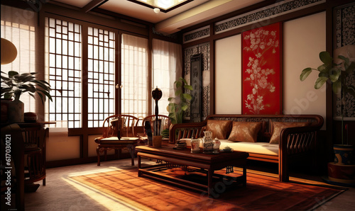 Vibrant Chinese Living Room: Embracing Oriental Culture. Created using generative AI tools