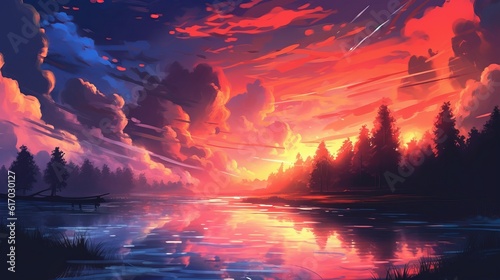 Evening sunset view in anime wallpaper background, Peaceful sunset view, Romantic anime art style, Digital art, Illustration painting, Generative AI © Ameer