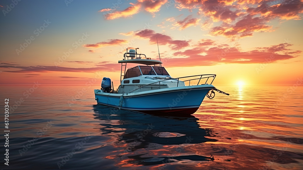 Boat in the beautiful sea at dawn. Beautiful view of the colorful sky Boat in the beautiful sea at dawn. Beautiful view of the colorful sky