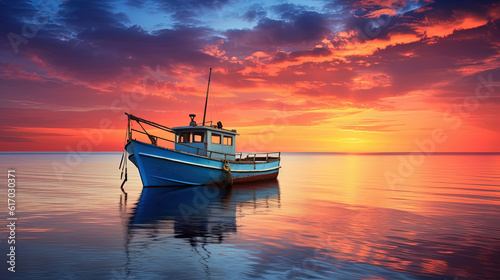 Boat in the beautiful sea at dawn. Beautiful view of the colorful sky