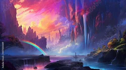 Fantasy anime landscape with rainbow waterfall, wallpaper, Generative AI