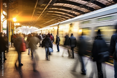 People getting into train on train station. View of the crowd on the platform