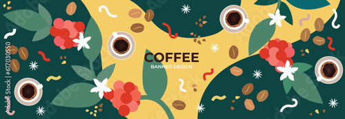 Coffee design banner template. Vector abstract colorful drawing of coffee tree, coffee cup and coffee beans with abstract elements.
