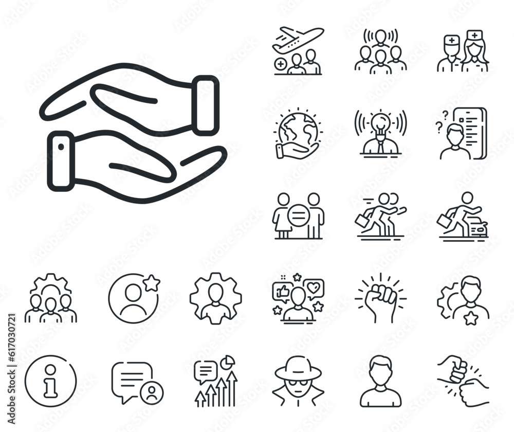 Fototapeta premium Charity gesture sign. Specialist, doctor and job competition outline icons. Helping hand line icon. Giving palm symbol. Helping hand line sign. Avatar placeholder, spy headshot icon. Vector