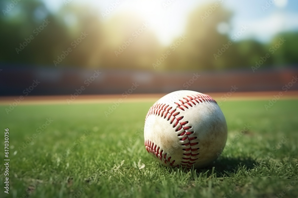 Baseball on grass with copy space and blurred background,Generative AI