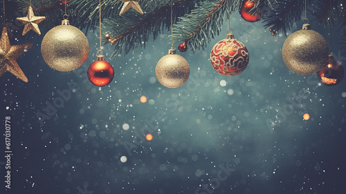 Christmas background with baubles and fir tree branches