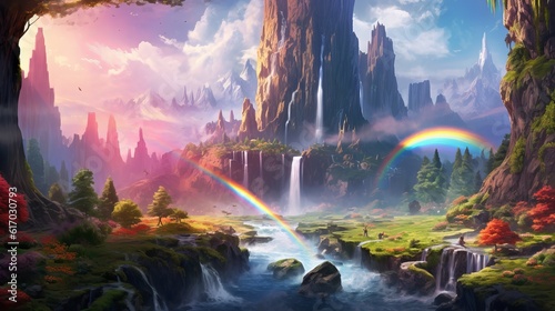Fantasy anime landscape with rainbow waterfall - landscape with rainbow and sun, wallpaper, Generative AI © Ameer