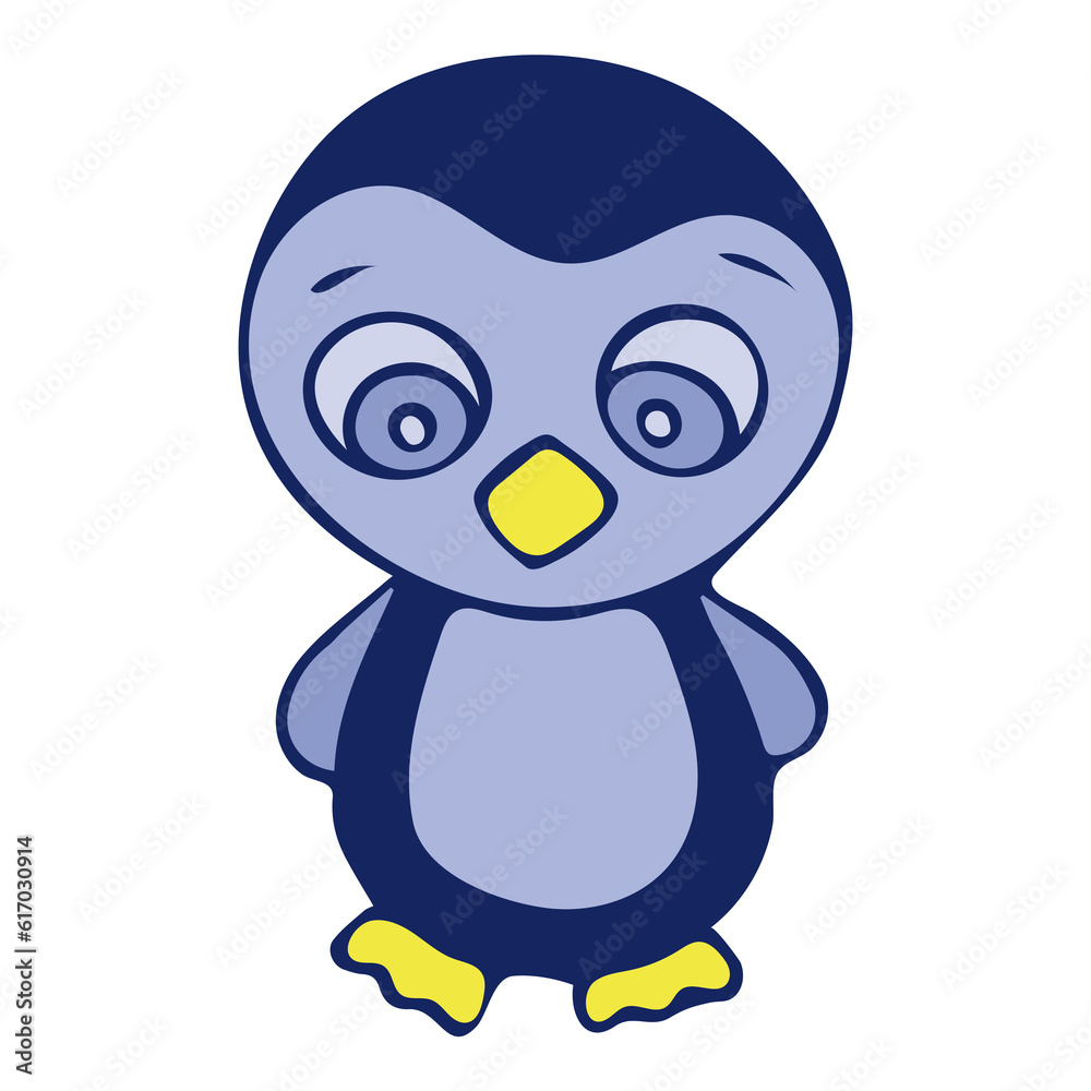 Hand Drawn Cute Penguin Cartoon Isolated on White Background. Blue Penguin Baby Icon. Flightless Bird in Cartoon Flat Style.