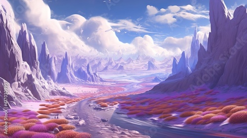 landscape with snow - The gleaming sands: A fantastical landscape of purple crystal among sandy glaciers, wallpaper, Generative AI