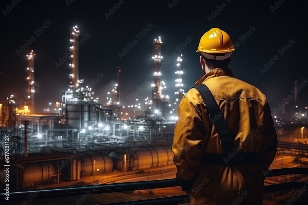 Engineer guy with protection suite, stand with your back,Generative AI