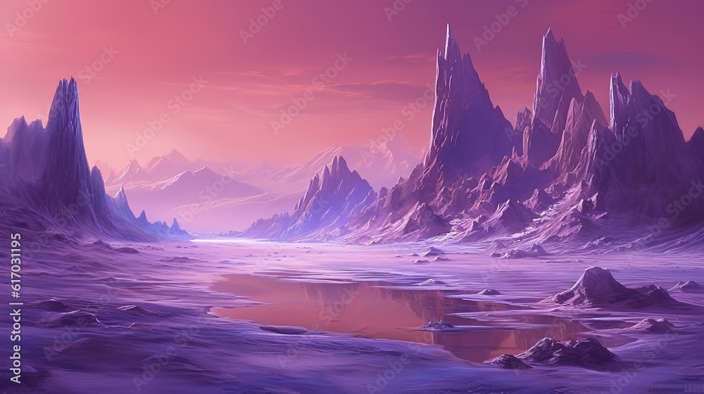 Fantasy landscape with sandy glaciers and vibrant purple crystals - stunning concept art - sunrise in the mountains, wallpaper, Generative AI