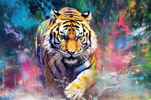 tiger  form and spirit through an abstract lens. dynamic and expressive tiger print by using bold brushstrokes  splatters  and drips of paint.  tiger raw power and untamed energy