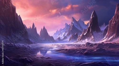 Purple crystal serenade: exploring a fantasy landscape of sandy glaciers - sunrise in the mountains, wallpaper, Generative AI