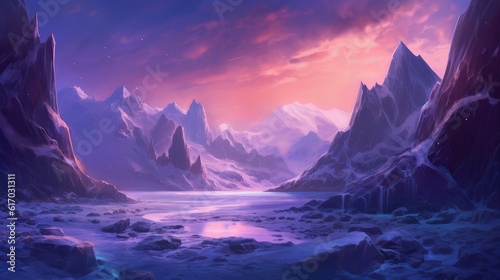 Fantasy landscape with sandy glaciers and vibrant purple crystals - stunning concept art - sunrise in the mountains, wallpaper, Generative AI © Ameer