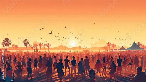 illustation banner of Dancing people at the beach at sunset. Holidays and music concept. ai generative