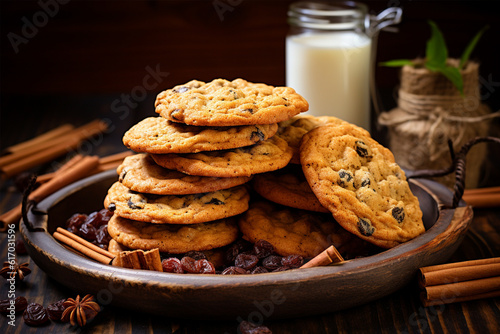 Chocolate cookies on wooden stack of hearty and chewy cookies, studded with plump raisins and hints of cinnamon next to a glass of cold milk closeup on dark background Generative AI