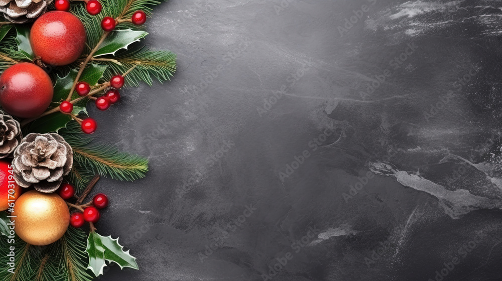 Christmas holiday flatlay with xmas decor on stone background with copy space Christmas holiday flatlay with xmas decor on stone background with copy space