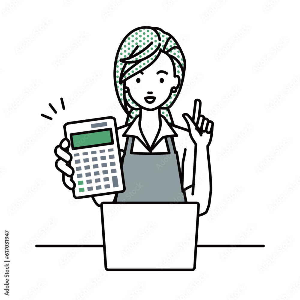 a woman in cafe apron recommending, proposing, showing estimates and pointing a calculator with a smile in front of laptop pc a woman in cafe apron recommending, proposing, showing estimates and pointing a calculator with a smile in front of laptop pc