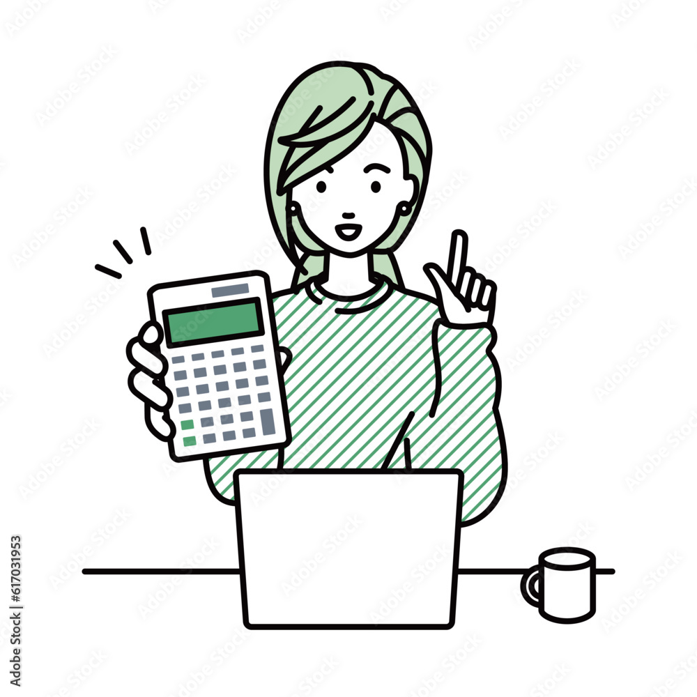 a woman in casual style recommending, proposing, showing and pointing a calculator with a smile in front of laptop pc a woman in casual style recommending, proposing, showing and pointing a calculator with a smile in front of laptop pc