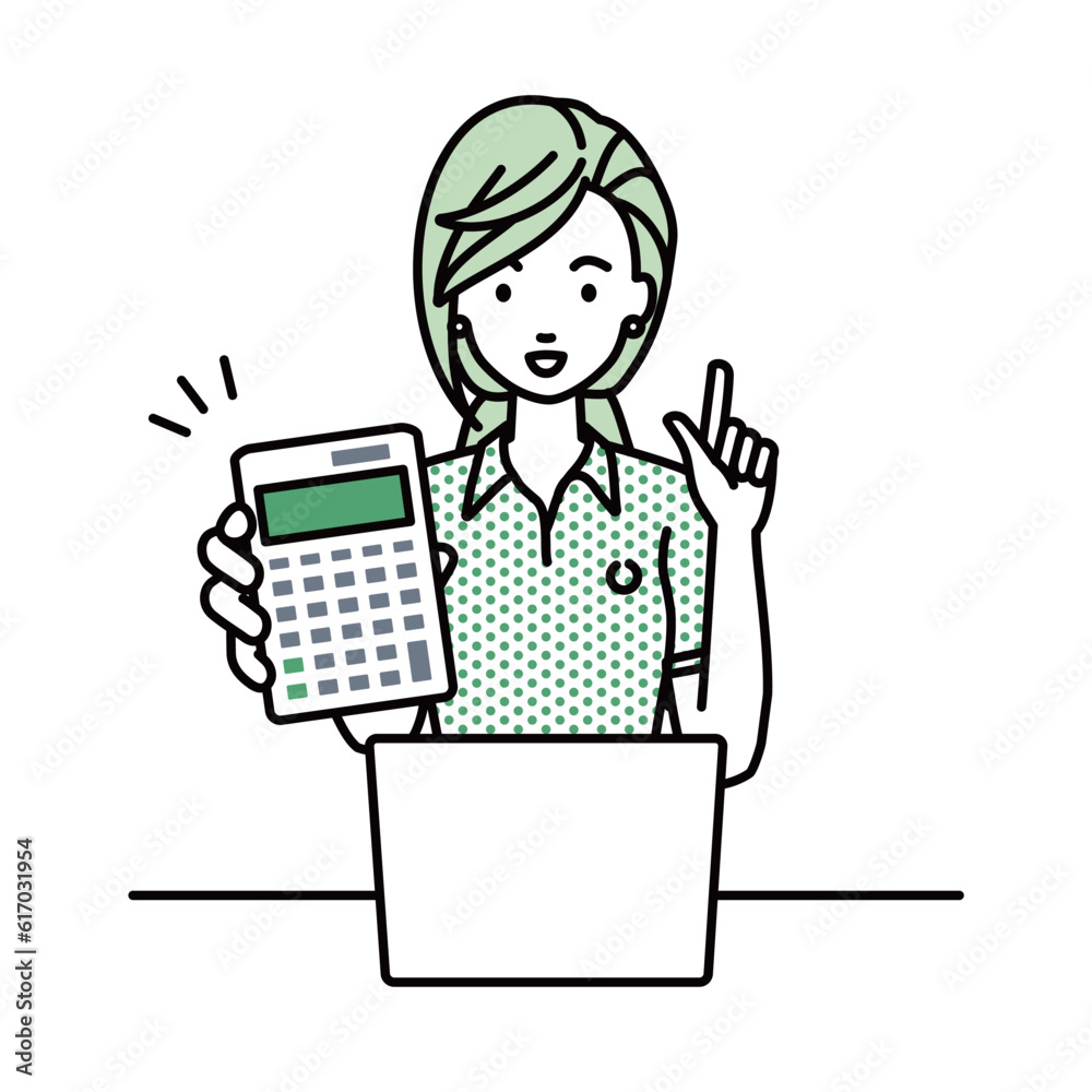 a woman in polo shirt recommending, proposing, showing estimates and pointing a calculator with a smile in front of laptop pc