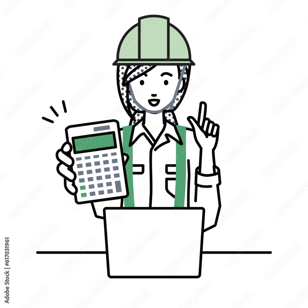 a woman working at construction sites recommending, proposing, showing estimates and pointing a calculator with a smile in front of laptop pc