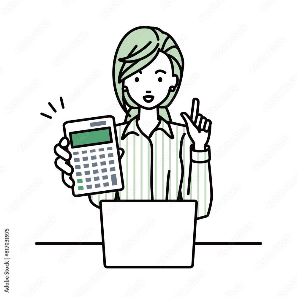 a woman in shirt work style recommending, proposing, showing estimates and pointing a calculator with a smile in front of laptop pc a woman in shirt work style recommending, proposing, showing estimates and pointing a calculator with a smile in front of laptop pc