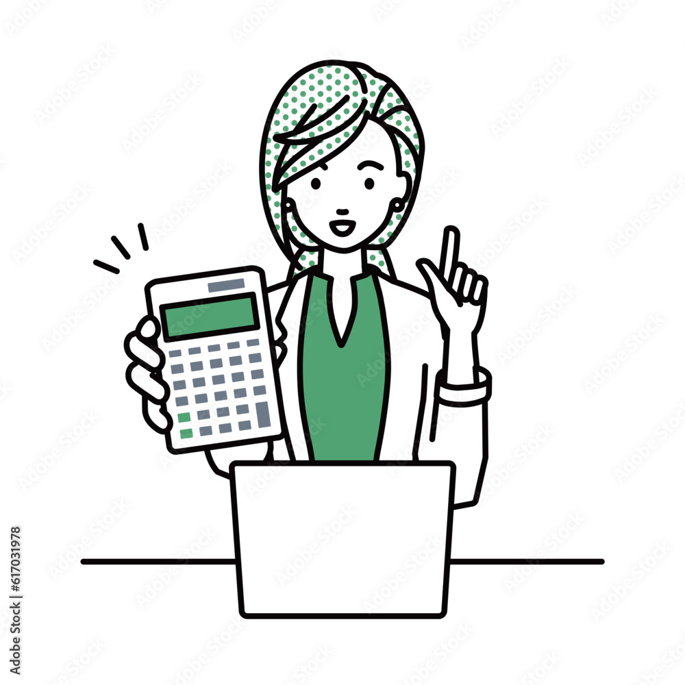 a woman in work jacket style recommending, proposing, showing estimates and pointing a calculator with a smile in front of laptop pc in front of laptop pc a woman in work jacket style recommending, proposing, showing estimates and pointing a calculator with a smile in front of laptop pc in front of laptop pc