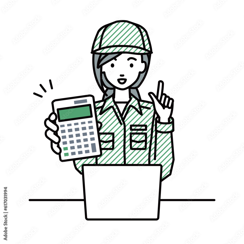 a blue-collar worker woman recommending, proposing, showing estimates and pointing a calculator with a smile in front of laptop pc