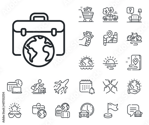 Businessman case sign. Plane jet, travel map and baggage claim outline icons. Global business line icon. Internet marketing symbol. Businessman case line sign. Car rental, taxi transport icon. Vector